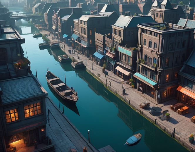 Fantasy city canal at dusk